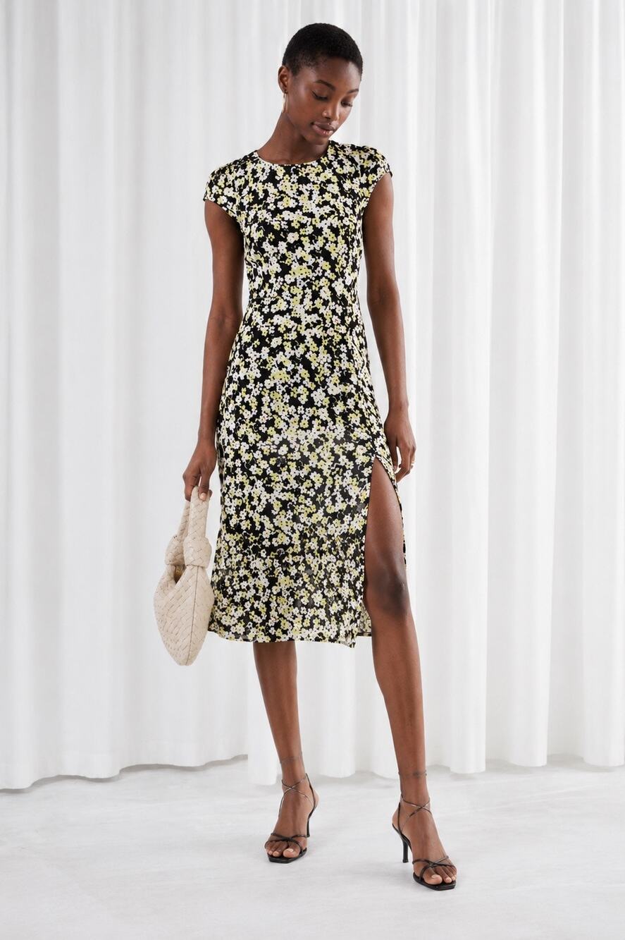 & Other Stories Womens Floral Midi Dress Size 4 Side Slit Cap Sleeve Retro Style
